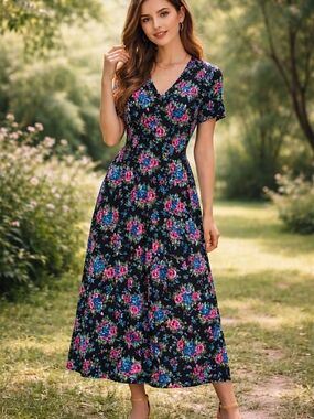 Vintage Savannah Floral Midi Dress Black Pink Blue Button Front Short Sleeve Y2K